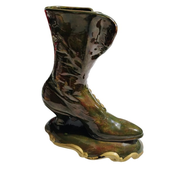 VTG 70s High Heel Boot Planter VASE Green/Gold Luster Ceramic Victorian Style‎ - Picture 2 of 6